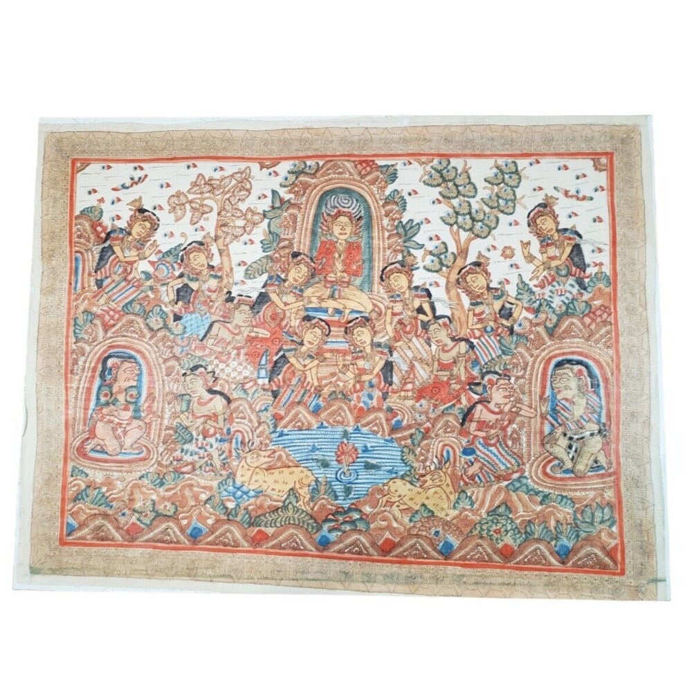 Vintage Balinese Kamasan Painting Textile Folk Art Arjuna Wiwaha Meditation
